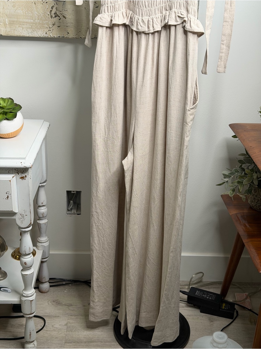 Whimsy + Row Neutral Smocked Ruffle-Neck Jumpsuit - Picture 8 of 9